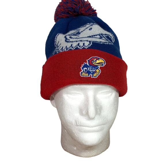 KU Knit Hat Kansas University Jayhawk Red Blue Pompom Stocking Beanie Ski - Picture 1 of 11